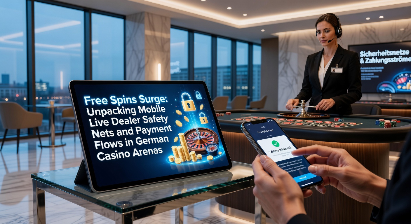 Smartphone mit laufendem Live-Dealer-Spiel und Free-Spins-Angebot in einem deutschen Online-Casino, umgeben von Sicherheitsikonen und Zahlungssymbolen