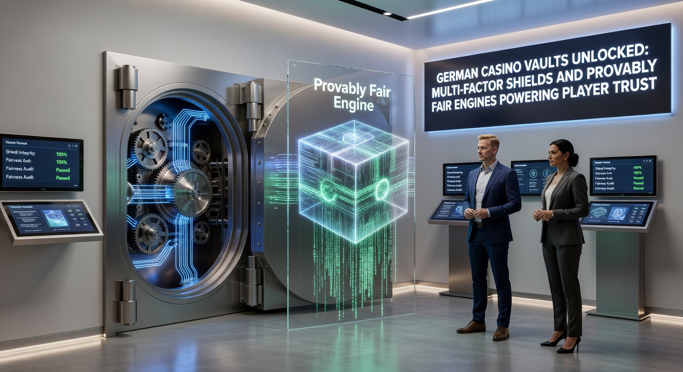 Blockchain-basierte Provably Fair Engine im Einsatz, visualisiert als transparente Würfel und Server-Hashes in einem deutschen Casino-Interface
