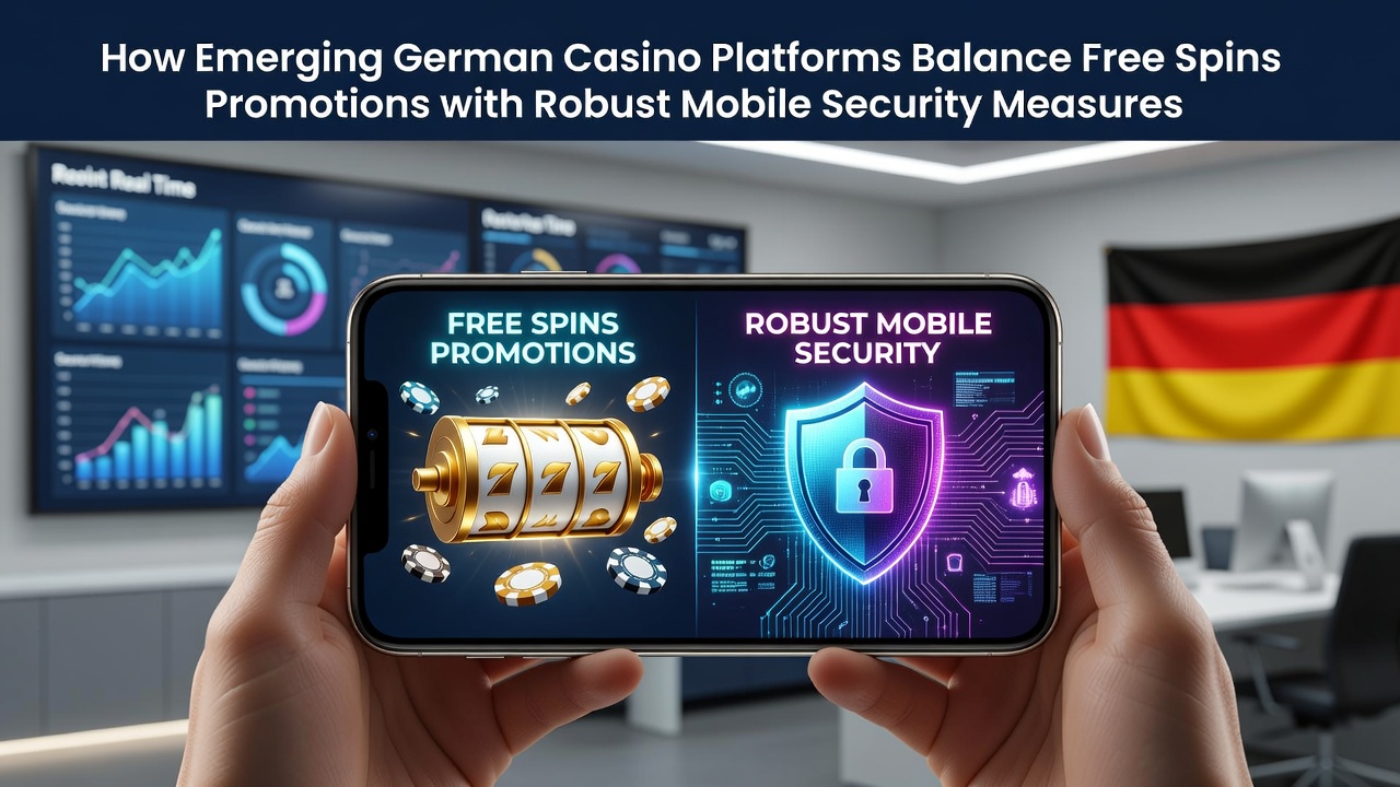 Darstellung einer deutschen Casino-App mit Free-Spins-Oberfläche und Verschlüsselungssymbolen auf mobilen Geräten