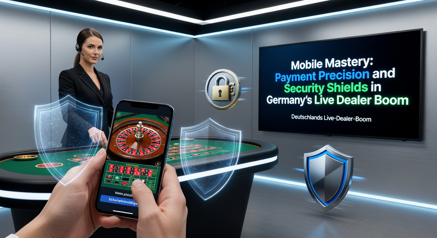 Grafik mit Verschlüsselungssymbolen, Zahlungsgateways und Live-Dealer-Schnittstelle, die Sicherheit im mobilen Casino-Betrieb hervorhebt